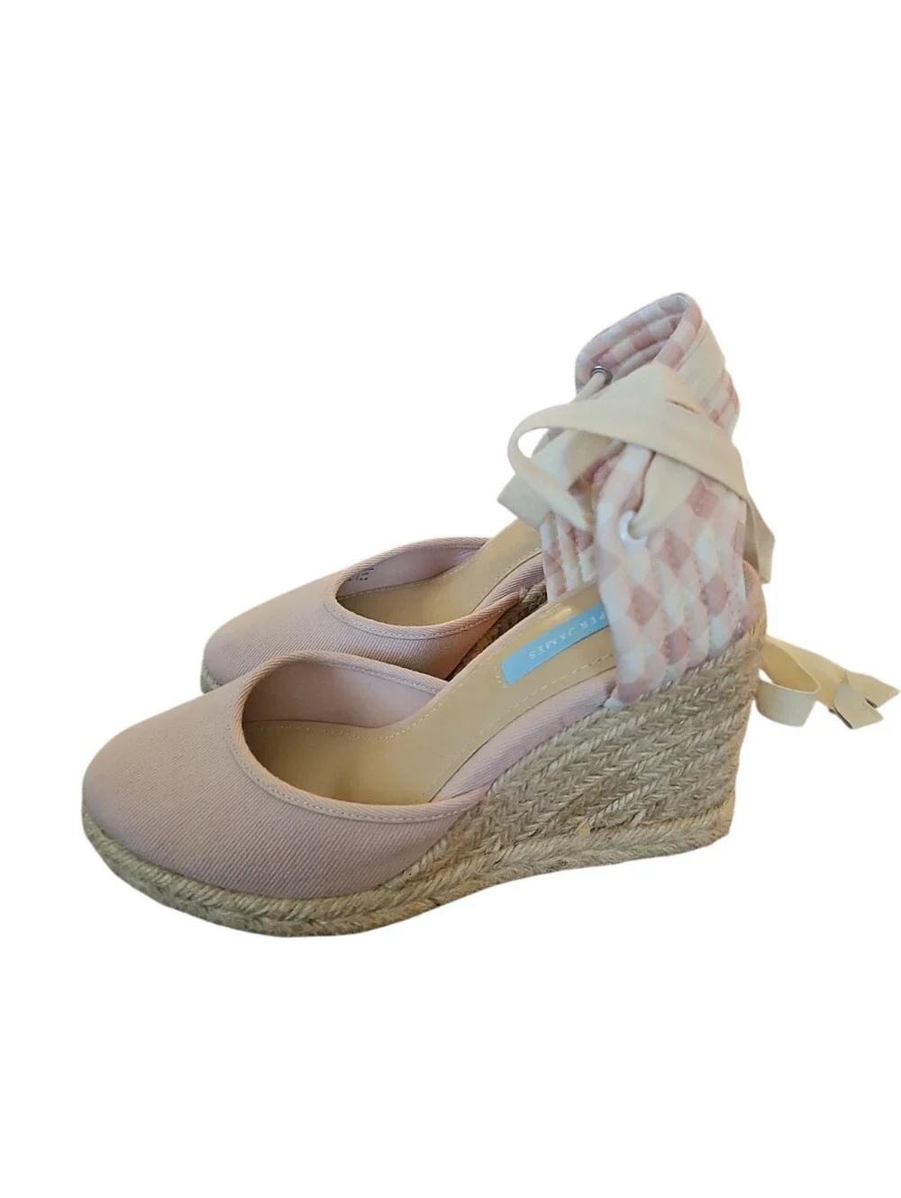 Draper James Olivia Espadrille Wedges Pink Cream Gingham Ankle Tie Heels Sz 7